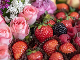 Vibrant Assortment of Fresh Strawberries, Raspberries, and Blackberries with Delicate Pink Roses and White Flowers - High Clarity Image Showcasing Natural Beauty, Freshness, and Elegance