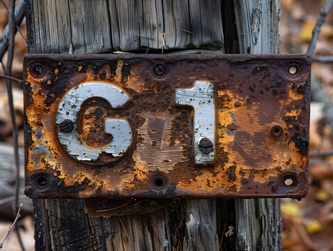 Rusty Metal Sign 'G1' on Weathered Wooden Post with Cracked Paint and Blurred Autumn Leaves Background - Nostalgic and Aged Rustic Scene Highlighting Decay, Corrosion, and Time-Worn Textures