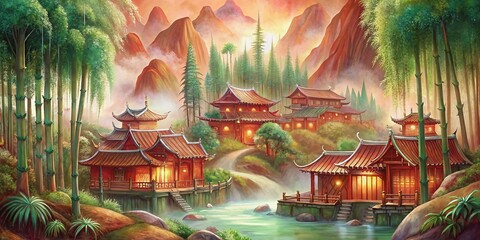 traditional asian painted landscape, panda, bamboo, temple, mountains and water
