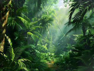 Obraz premium Idyllic Dense Tropical Rainforest with Vibrant Greenery, Sunlit Canopy, and Serene Natural Trail - Untouched Lush Nature with Ethereal Light and Rich Foliage Tapestry - Ideal Tropical Paradise