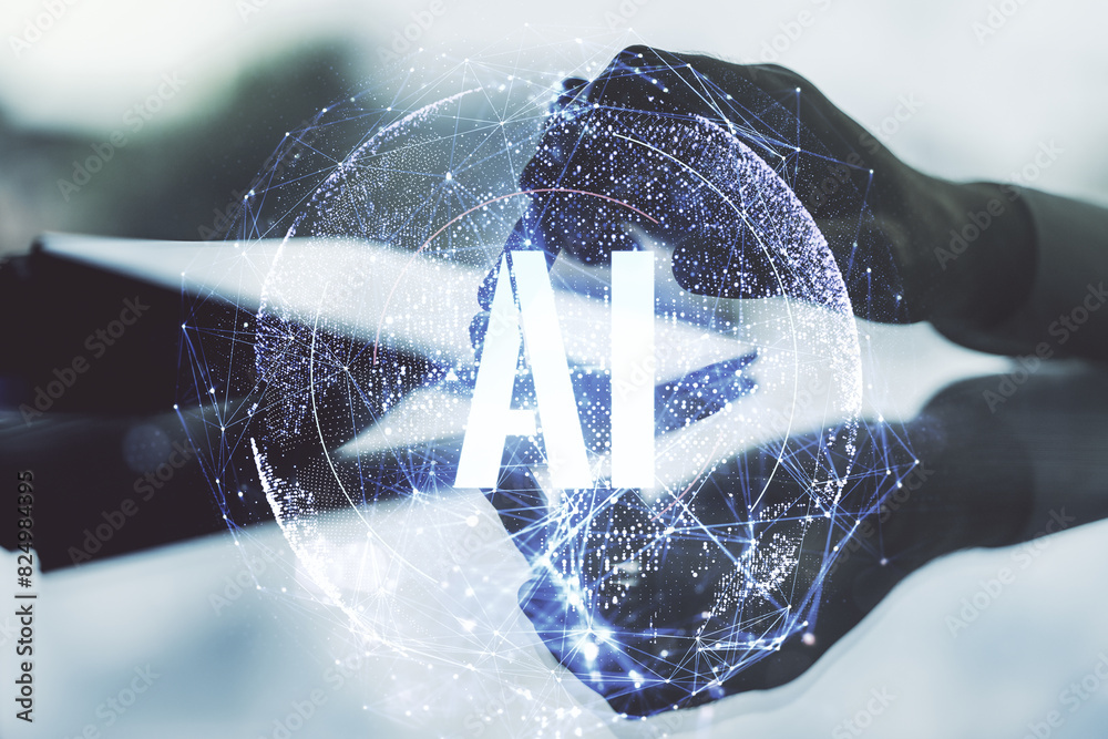 Poster creative artificial intelligence symbol concept with finger presses on a digital tablet on backgroun