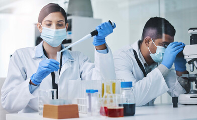 People, face mask and scientists or research team, medical laboratory and innovation or healthcare...