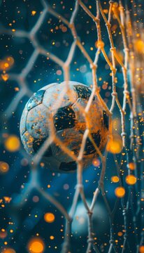 Dynamic moment in handball  ball hitting net for goal celebration at summer olympics