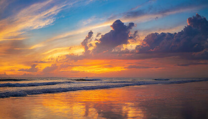 Vivid sunset with colorful twilight sky, representing serenity and awe-inspiring beauty