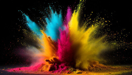 Naklejka premium Vibrant colored powder bursts upward against black backdrop, conveying energy and celebration