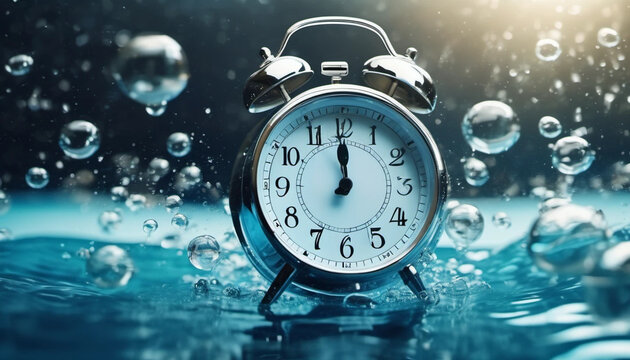 Vintage alarm clock under water. Close up  - Powered by Adobe