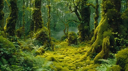 Intimate view of moss-covered tree trunks, lush green undergrowth, and ferns, serene and healthy environment