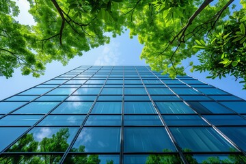 View to the modern office building with some tree, view from the bottom
