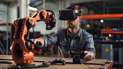 A man wearing a VR headset operates robotic arms in a factory with a blue and white background, and a blurred banner on the right side.