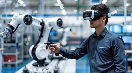 A man wearing a VR headset operates robotic arms in a factory with a blue and white background, and a blurred banner on the right side.