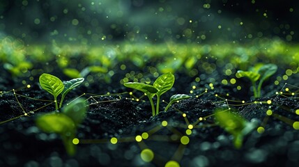 Vibrant young green plants illuminated by abstract light in fertile soil, symbolizing growth, technology, and sustainability.