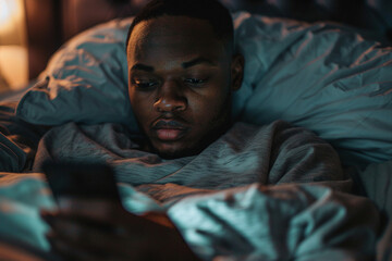 Fototapeta premium Generative AI illustration happy homey sleepy person lying in bed browsing laptop smartphone lazy morning evening