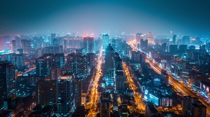 Obraz premium Panoramic view, modern city skyline at night from rooftop, skyscrapers illuminated, isolated background, studio lighting