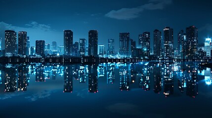 Fototapeta premium Panoramic view, modern city skyline at night from rooftop, skyscrapers illuminated, isolated background, studio lighting