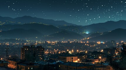 Fototapeta premium Panoramic view, modern city skyline at night from rooftop, skyscrapers illuminated, isolated background, studio lighting