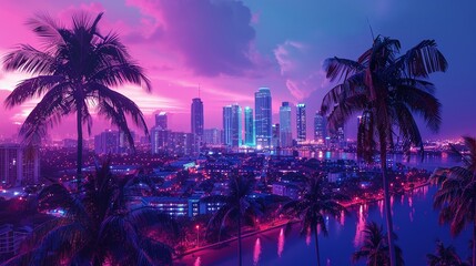 Panoramic view, modern city skyline at night from rooftop, skyscrapers illuminated, isolated background, studio lighting