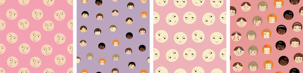 Four endless patterns, cutely girlish faces. Editable repeating backgrounds, female face, colorful vector simple elements.