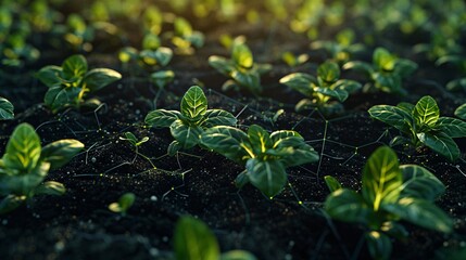 Young green plant seedlings sprouting in fertile soil under sunlight, symbolizing growth, agriculture, and new beginnings.