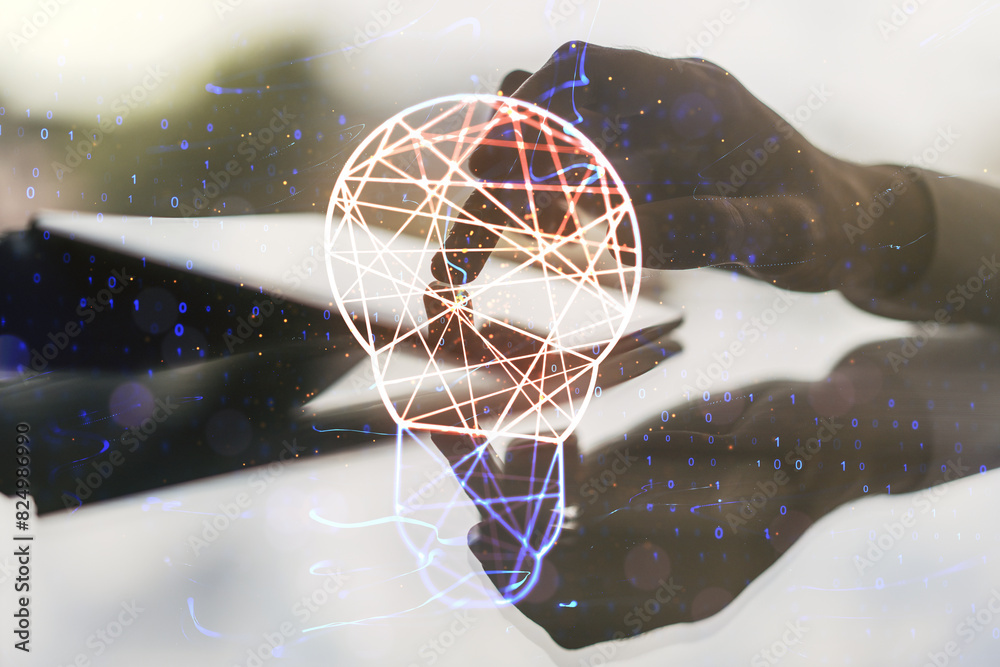 Poster double exposure of creative light bulb hologram with finger clicks on a digital tablet on background
