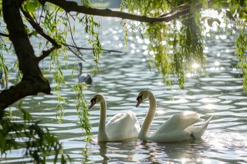 Obraz premium A Close-up of Two Graceful Swans Gliding Across Clear, Sunlit Lake Water Capturing Nature's Elegance