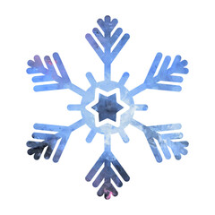 Watercolor beautiful blue snowflake on white background. Frozen snowflake.