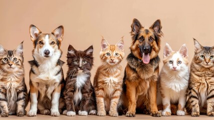 Assorted cats and dogs in studio setting on beige gradient background with copy space