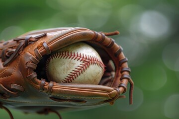 Close up of softball glove skillfully catching high fly ball, showcasing athleticism and precision