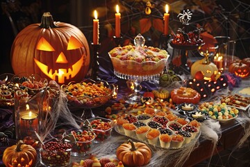 Eerie Halloween Table Display Showcasing Colorful Candy, Spooky Treats, and Themed Decorations.
