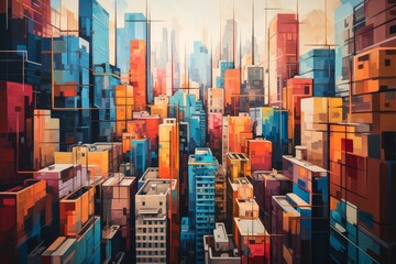 A beautiful painting of a city with bright colors.
