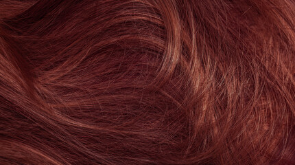 Naklejka premium Dark red hair close-up as a background. Women's long brown hair. Beautifully styled wavy shiny curls. Coloring hair with bright shades. Hairdressing procedures, extension.
