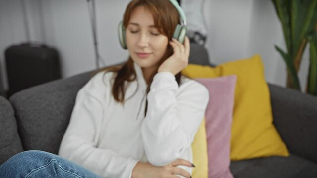 Young woman enjoying music with headphones in a cozy living room setting.