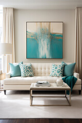 A contemporary living area highlighted by a splash of turquoise amidst neutral tones, boasting simplicity with a blank white frame as the centerpiece.