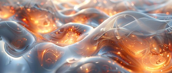 Abstract 3D Background. In a boundless 3D space, crystalline forms spin gently, illuminated by a serene, ethereal glow.