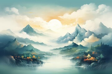 The image is a beautiful landscape painting of a mountain valley