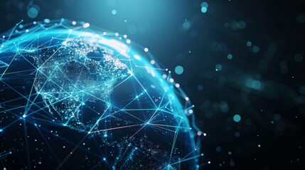 Obraz premium A blue and white globe with a network of lines connecting it. The globe is surrounded by a dark blue background