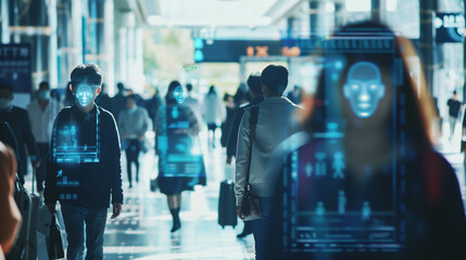 People walking in a city with AI face recognition overlays. AI face recognition system.