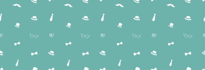 Seamless pattern with tie, hat, mustache and glasses. Modern background for Father's Day.