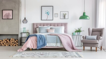 Minimalist bedroom with pastel pink, blue, and grey colors, featuring a gray bed in the center, a wooden log side table, and an empty poster above the headboard.