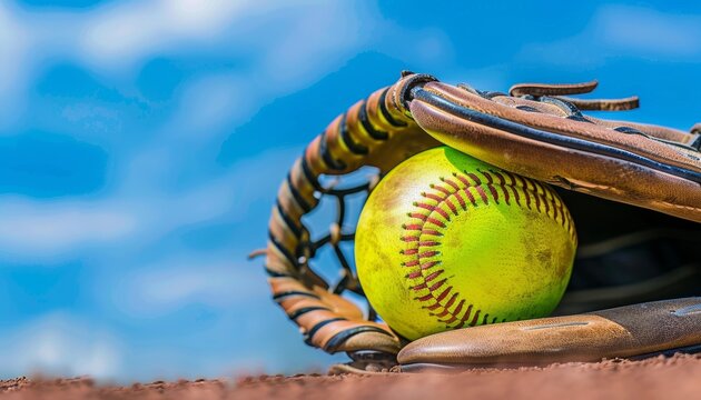 Athletic skill displayed  softball glove catching high fly ball in close up shot