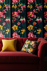 red sofa with flowers