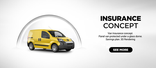 Insurance Concept: Panel Van Protected with Gold Coin Stacks Under Glass Dome, Savings Plan, 3D Rendering
