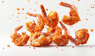fried shrimps floating in the air, isolated on white background.
