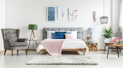 Minimalist bedroom with pastel pink, blue, and grey colors, featuring a gray bed in the center, a wooden log side table, and an empty poster above the headboard.