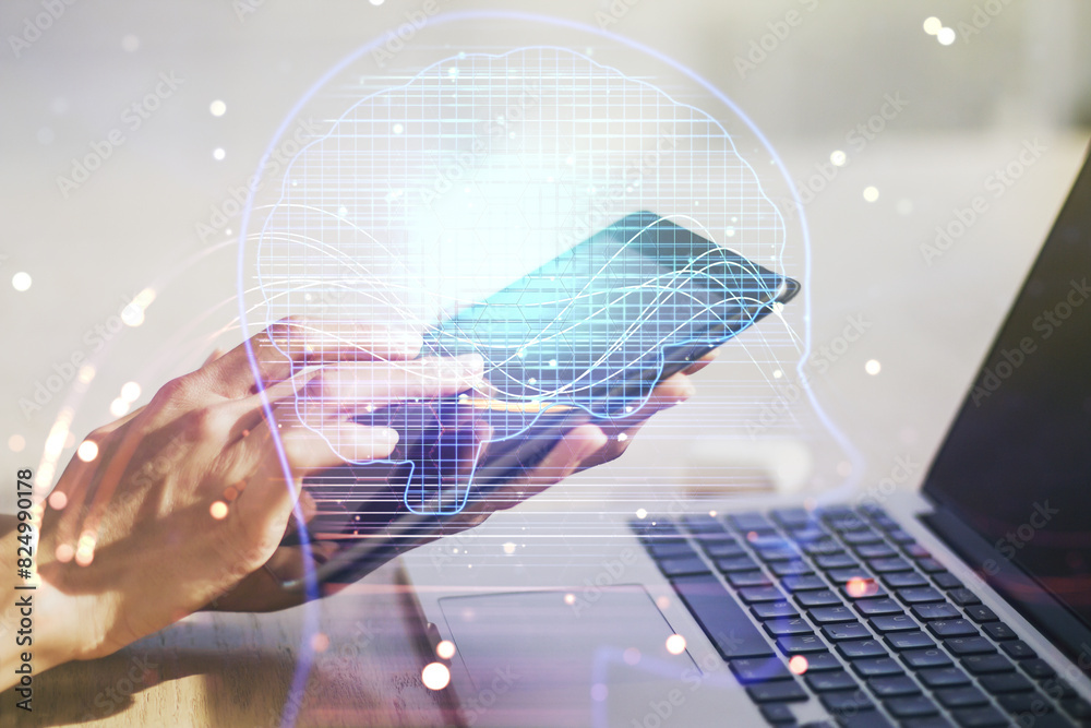 Poster double exposure of creative artificial intelligence symbol with finger clicks on a digital tablet on