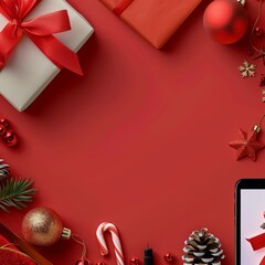 christmas card with red balls and ribbon