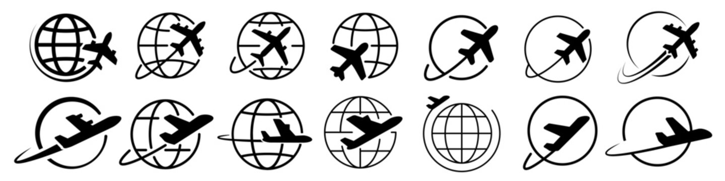 Globe plane icon. Plane travel icon.