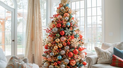 Whimsical Christmas tree with oversized red balls, sparkling stars, and colorful ribbons, creating a magical holiday scene