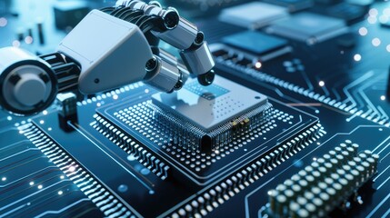 An industrial robot arm holding a microchip against a background of dark blue and gray tones