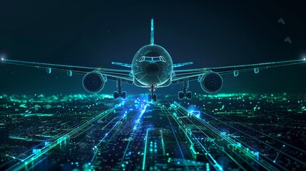 Zoomed-in shot of a delivery plane flying, showcasing blue and green tech lines on its surface, depicting an integrated system design