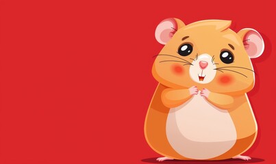 Cute Hamster Illustration in Simple Flat Style with Red Background
